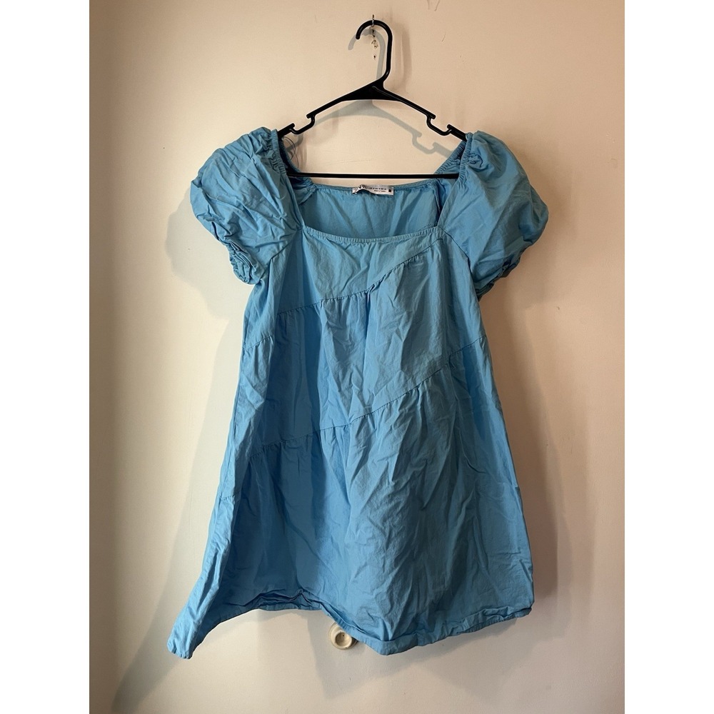 Zara Woman Off The Shoulder Mini Dress Ruffled Blue Balloon Sleeve Size medium‎